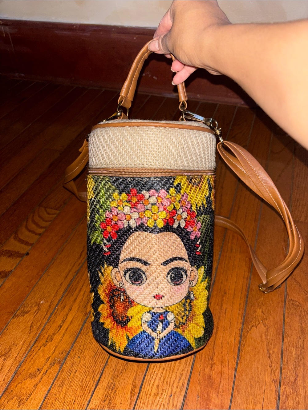Women’s Floral Portrait Cylinder Crossbody Bag - Tan & Multicolor